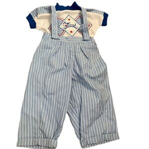 Tiny tots vintage 18 month dog blue white bots shirt and overalls